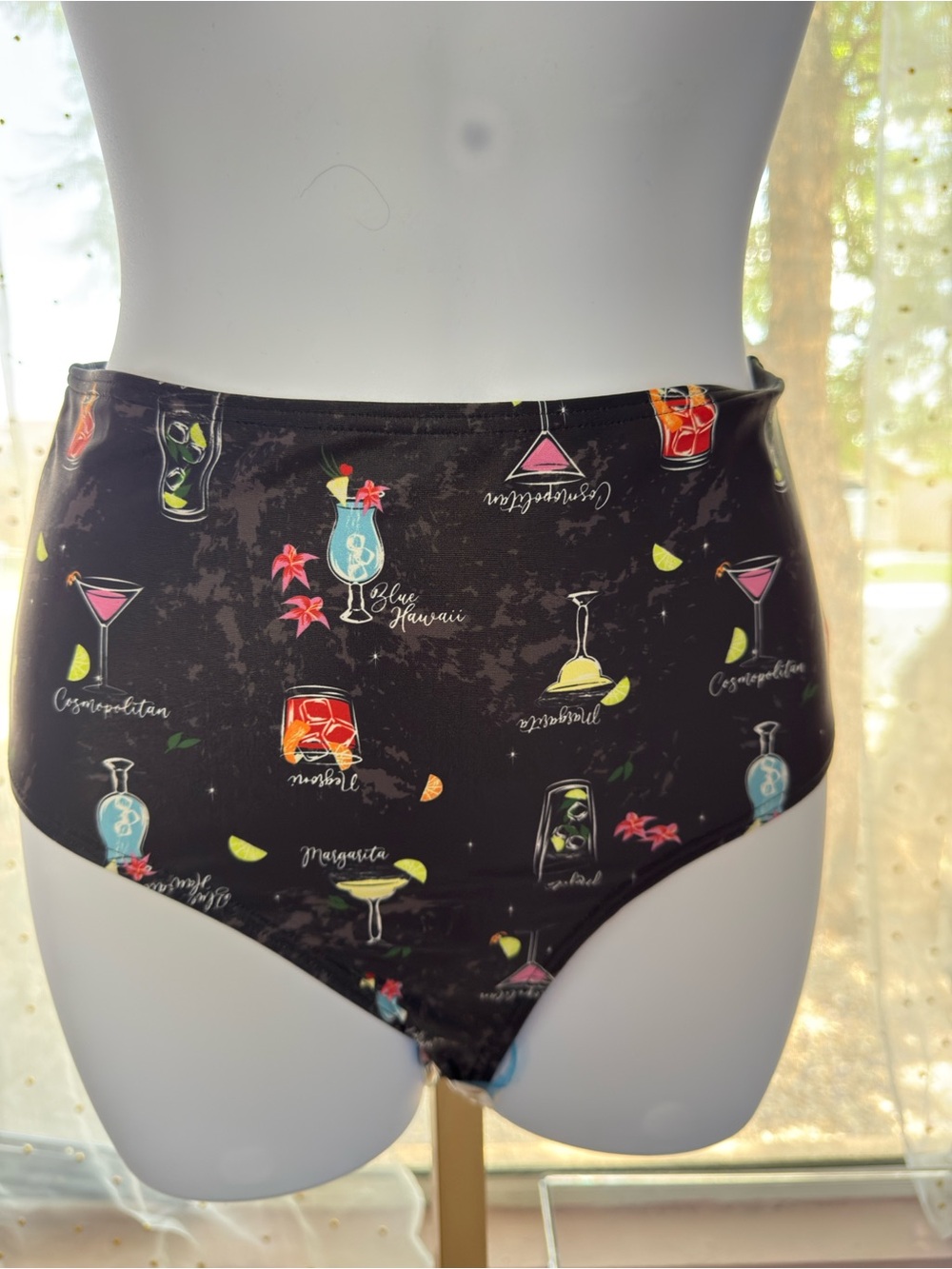 Collectif High-Waist Bikini Bottom in Black with Colorful Cocktail Print - Picture 2 of 4